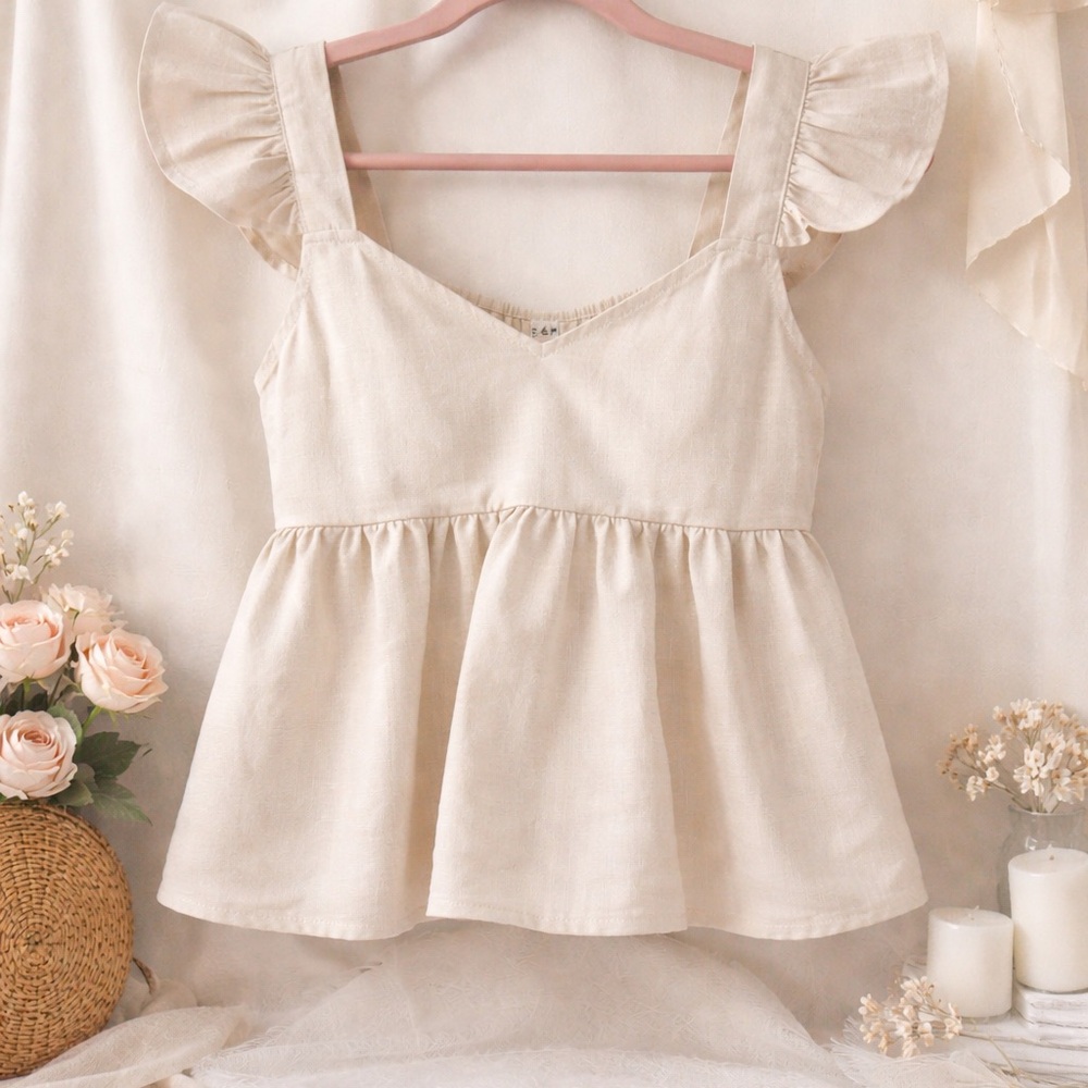 NWOT E&M Cream Ruffle Sleeve Babydoll Top | Size Small | Cottagecore Boho Blouse